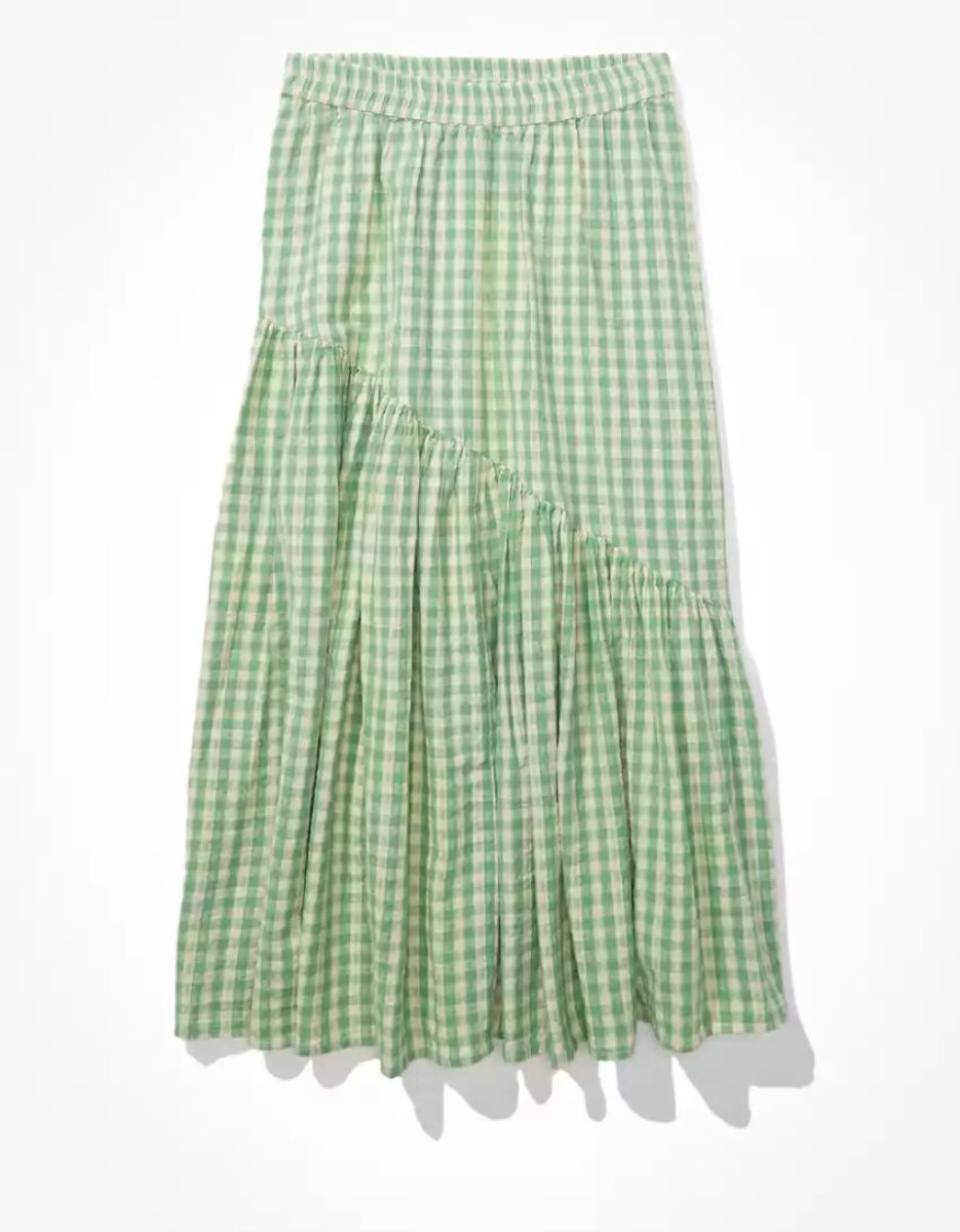 Jupes American Eagle AE Gingham Asymmetrical Tiered Midi Vert Femme | XXY-44850123